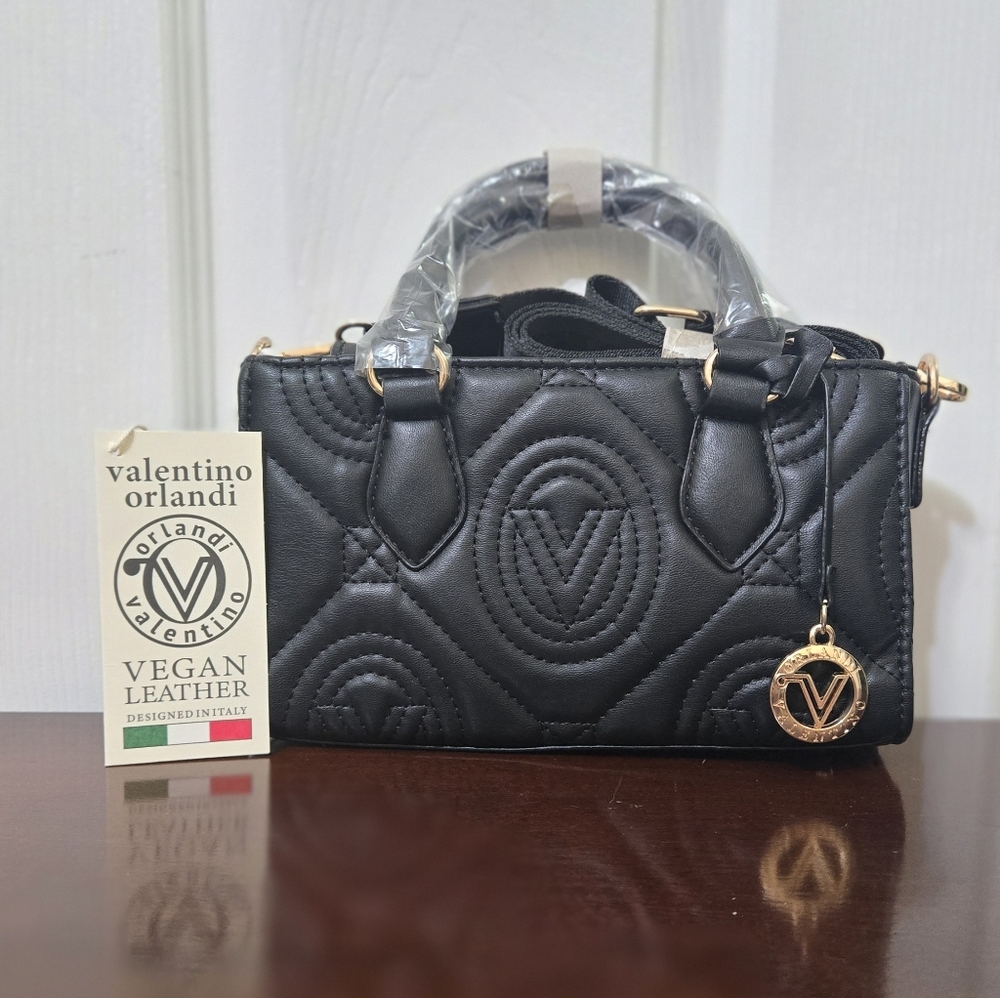 Valentino Orlandi Black Vegan Leather Quilted Mini Handbag
